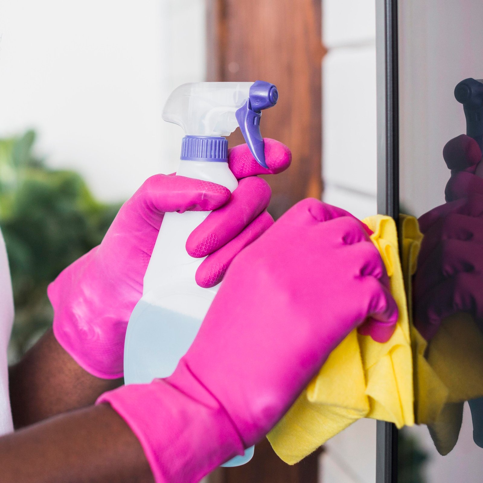 close up hands holding cleaning supplies