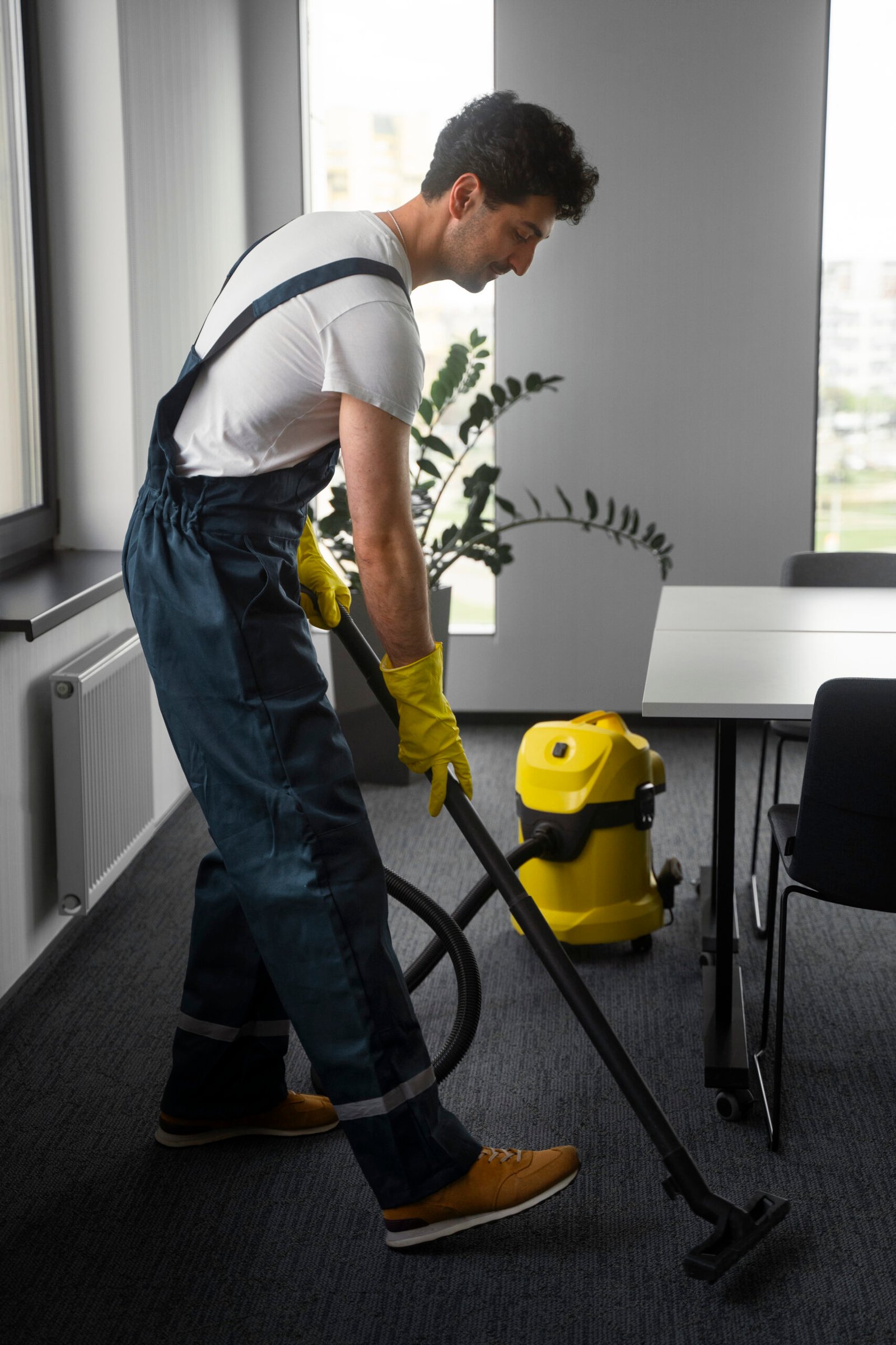 full shot man cleaning indoors
